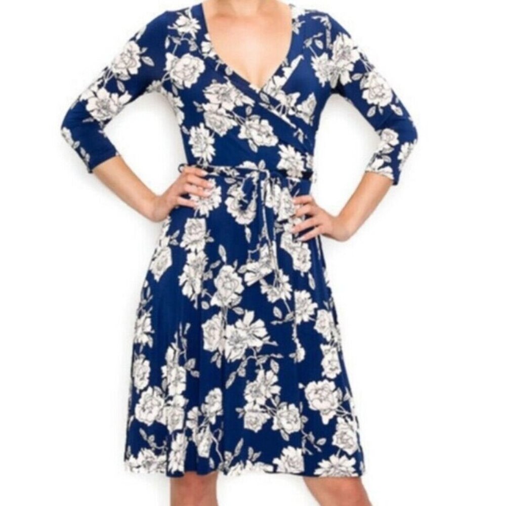 Janette Fashion Navy Blue White Floral Faux Wrap Knee Length Dress